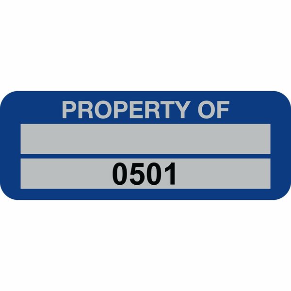 Lustre-Cal Property ID Label PROPERTY OF 5 Alum Blue 2in x 0.75in 1 Blank Pad&Serialized 0501-0600, 100PK 253740Ma2Bd0501
